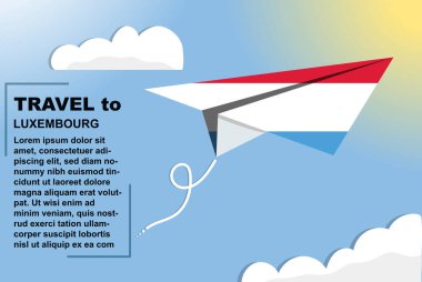 Kağıt bayrak ve metin alanına sahip Lüksemburg seyahat vektör pankartı, kağıt uçağın üzerinde Lüksemburg bayrağı, tatil ve tatil konsepti, yaz seyahat şablonu ve şablonu, uçuş bileti fikri
