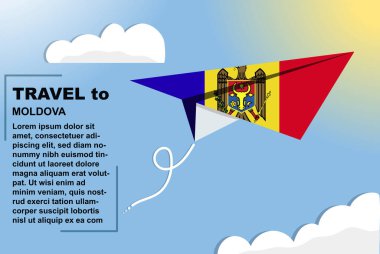 Kağıt bayrak ve metin alanına sahip Moldova seyahat vektörü bayrağı, kağıt uçak, tatil ve tatil konseptine bağlı Moldova ülke bayrağı, yaz seyahat şablonu ve şablonu, uçuş bileti fikri