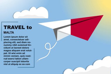 Kağıt bayrak ve metin alanına sahip Malta seyahat vektör pankartı, kağıt uçak üzerinde Malta bayrağı, tatil ve tatil konsepti, yaz seyahati şablonu ve şablonu, uçuş bileti fikri