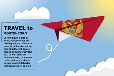 Karadağ kağıt bayrak ve metin alanına sahip seyahat vektör pankartı, Karadağ ülke bayrağı kağıt uçak, tatil ve tatil konsepti, yaz seyahati şablonu ve şablonu ve uçuş bileti fikri