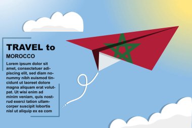 Kağıt bayrak ve metin alanına sahip Fas seyahat vektör pankartı, kağıt uçak, tatil ve tatil konseptine bağlı Fas bayrağı, yaz seyahat şablonu ve şablonu, uçuş bileti fikri