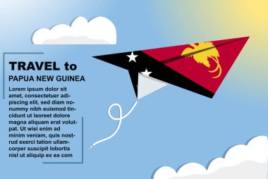 Kağıt bayrak ve metin alanına sahip Papua Yeni Gine seyahat vektör bayrağı, kağıt uçak üzerinde Papua Yeni Gine bayrağı, tatil ve tatil konsepti, yaz seyahati şablonu ve şablonu, uçuş bileti fikri