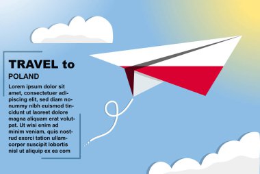 Kağıt bayrak ve metin alanına sahip Polonya seyahat vektörü bayrağı, kağıt uçak üzerinde Polonya bayrağı, tatil ve tatil konsepti, yaz seyahati şablonu ve şablonu, uçuş bileti fikri