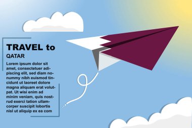 Kağıt bayrak ve metin alanına sahip Katar seyahat vektörü bayrağı, kağıt uçak üzerinde Katar bayrağı, tatil ve tatil konsepti, yaz seyahat şablonu ve şablonu, uçuş bileti fikri