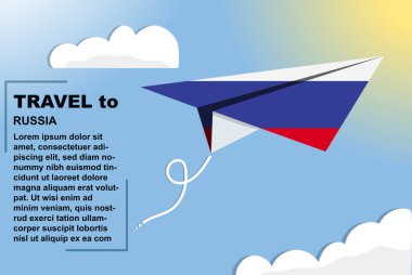 Rusya 'nın kağıt bayrak ve metin alanına sahip seyahat vektörü bayrağı, Rusya' nın kağıt uçak bayrağı, tatil ve tatil konsepti, yaz seyahati şablonu ve şablonu, uçuş bileti fikri