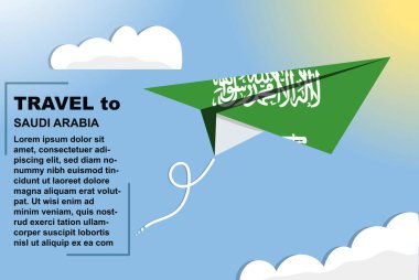 Kağıt bayrak ve metin alanına sahip Suudi Arabistan seyahat vektör pankartı, kağıt uçak, tatil ve tatil konseptine bağlı Suudi Arabistan bayrağı, yaz seyahat şablonu ve şablonu, uçuş bileti fikri