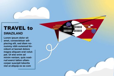 Kağıt bayrak ve metin alanı olan Svaziland seyahat vektör pankartı, kağıt uçak, tatil ve tatil konsepti üzerinde Svaziland ülke bayrağı, yaz seyahati şablonu ve şablonu, uçuş bileti fikri