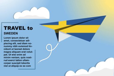 İsveç seyahat vektör pankartı kağıt bayrak ve metin alanı, İsveç ülke bayrağı kağıt uçak, tatil ve tatil konsepti, yaz seyahat şablonu ve şablonu, uçuş bileti fikri