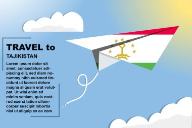 Kağıt bayrak ve metin alanına sahip Tacikistan seyahat vektör pankartı, kağıt uçak, tatil ve tatil konseptine Tacikistan bayrağı, yaz seyahat şablonu ve şablonu, uçuş bileti fikri