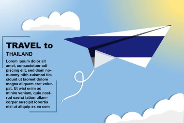 Kağıt bayrak ve metin alanı olan Tayland seyahat vektörü bayrağı kağıt uçak, tatil ve tatil konsepti, yaz seyahati şablonu ve şablonu, uçuş bileti fikri