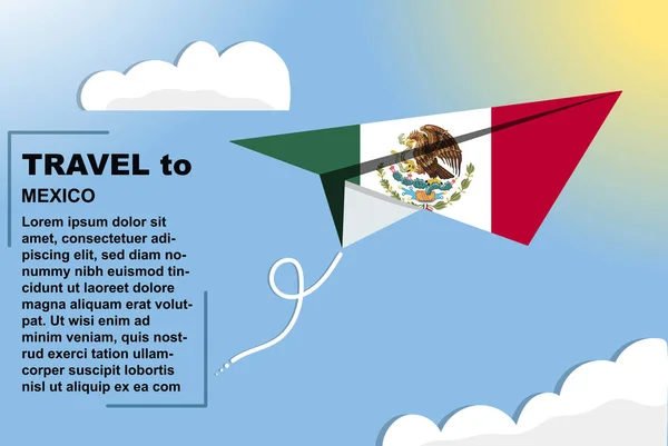 Mexiko Reisevektorbanner Mit Papierfahne Und Textraum Mexiko Länderfahne Auf Papierflugzeug — Stockvektor