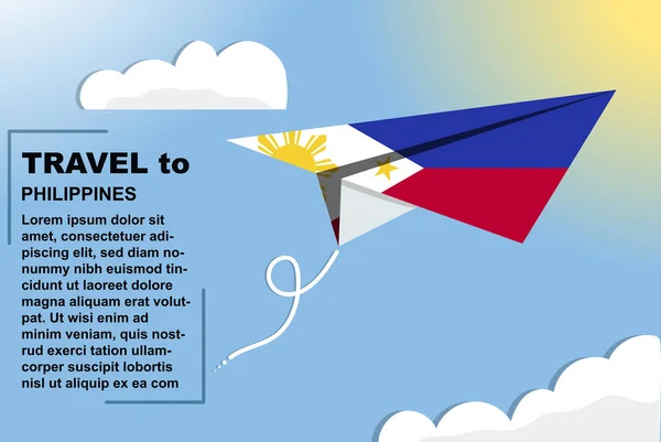Philippinen Reisevektorbanner Mit Papierfahne Und Textfläche Philippinen Länderfahne Auf Papierflugzeug — Stockvektor