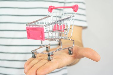 Çizgili tişörtlü genç adam elinde süpermarket tramvayı, seçici odaklanma, ticaret konsepti, satış fikri, elinde pembe alışveriş arabası, pazarlama bayrağı