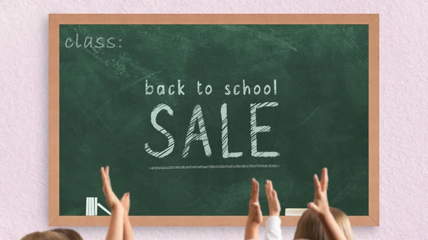 Back School Sale Text Green Chalkboard Students Raising Hands Front — Stock Photo, Image