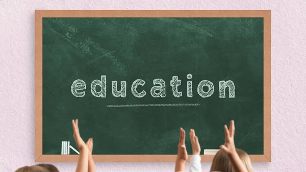 Education Text Green Chalkboard Students Raising Hands Front Chalk Board — Stock Photo, Image
