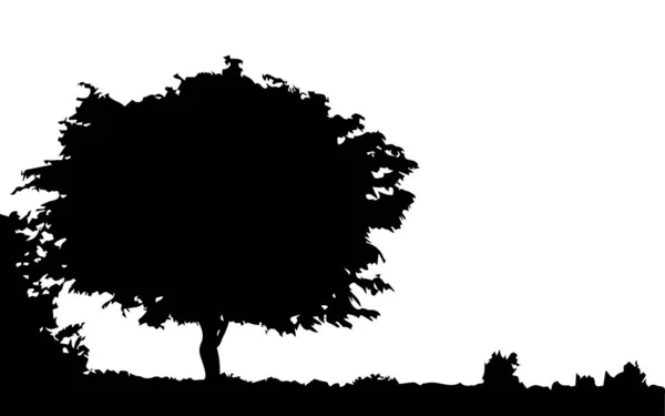 Großer Baum Und Büsche Mit Boden Kopierraum Silhouettenvektor Isoliert Auf — Stockvektor