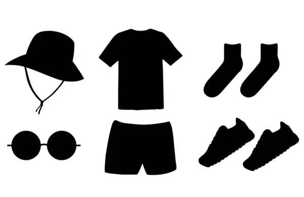 远足服装轮廓矢量 隔离在白色背景 漂泊的服装概念 帽子眼镜T恤短裤袜子鞋充满了黑色 服装图标 符号思想 — 图库矢量图片