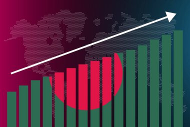 Bangladeş bar grafiği, artan değerler, ülke istatistik kavramı, bar grafiğinde Bangladeş bayrağı, veri üzerinde yükselen ok, haber afişi fikri