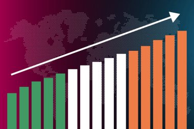 İrlanda bar grafiği, artan değerler, ülke istatistik kavramı, bar grafiğinde İrlanda bayrağı, verilerde yükselen ok, haber afişi fikri