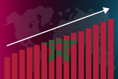 Fas bar grafiği, artan değerler, ülke istatistik kavramı, bar grafiğinde Fas bayrağı, veri üzerinde yükselen ok, haber afişi fikri