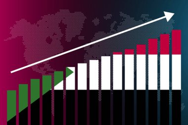 Sudan bar grafiği, artan değerler, ülke istatistik kavramı, çubuk grafiğinde Sudan ülke bayrağı, verilerde yükselen ok, haber afişi fikri