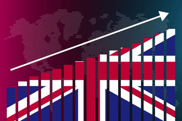 英国の棒グラフ 値の増加 国の統計概念 英国の棒グラフ上の国旗 データ上の上向き矢印 ニュースバナーのアイデア — ストックベクタ