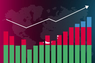 İnişli çıkışlı Azerbaycan bar grafiği, artan değerler, çıta grafiğinde Azerbaycan bayrağı, veri üzerinde yükselen ok, haber afişi fikri, gelişmekte olan ülke konsepti