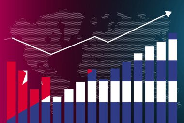 Küba bar tablosu grafiği, inişleri ve çıkışları, artan değerleri, bar grafiğindeki Küba bayrağı, veri üzerindeki yükselen ok, haber afişi fikri, gelişmekte olan ülke konsepti