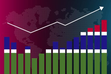 Gambiya bar grafiği, iniş ve çıkışlarla, artan değerlerle, bar grafiğinde Gambiya bayrağı, verilerde yükselen ok, haber afişi fikri, gelişmekte olan ülke konsepti