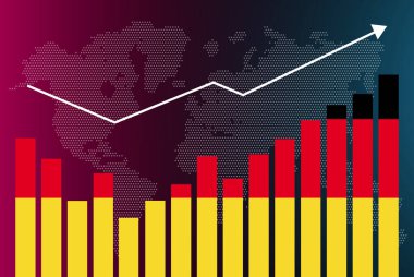 İnişli çıkışlı Almanya bar grafiği, artan değerler, bar grafiğinde Almanya bayrağı, verilerde yükselen ok, haber afişi fikri, gelişmekte olan ülke konsepti