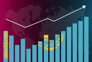 İnişli çıkışlı Kazakistan bar grafiği, artan değerler, bar grafiğindeki Kazakistan bayrağı, veri üzerindeki yükselen ok, haber afişi fikri, gelişmekte olan ülke konsepti