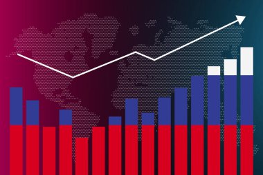 Rusya 'nın iniş ve çıkışlı bar grafikleri, artan değerler, bar grafiğinde Rusya bayrağı, verilerde yükselen ok, haber afişi fikri, gelişmekte olan ülke konsepti