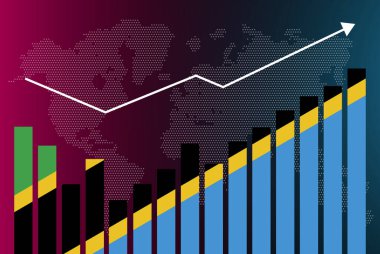 İnişli çıkışlı Tanzanya bar grafiği, artan değerler, bar grafiğinde Tanzanya bayrağı, veri üzerinde yükselen ok, haber afişi fikri, gelişmekte olan ülke konsepti