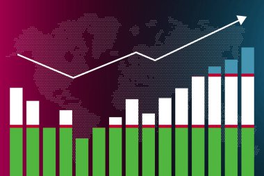 İnişli çıkışlı Özbekistan bar grafiği, artan değerler, bar grafiğinde Özbekistan bayrağı, veri üzerinde yükselen ok, haber afişi fikri, gelişmekte olan ülke konsepti