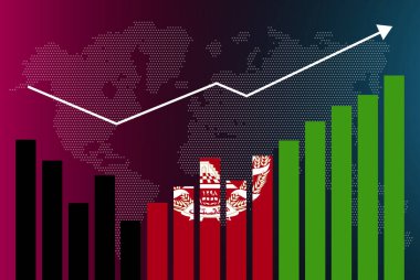 Afganistan bar grafikleri, iniş çıkışlar, yükselen değerler, ölçü çubuğunda Afganistan bayrağı, yükselen veri okları, haber afişi fikri, gelişmekte olan ülke konsepti