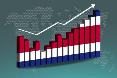 Kosta Rika 3D bar grafikleri, iniş çıkışlar, yükselen değerler, 3D bar grafiğinde Kosta Rika bayrağı, yükselen veri okları, haber afişi fikri, gelişmekte olan ülke konsepti