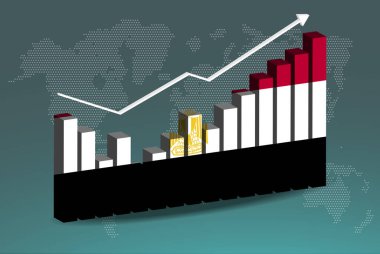 Mısır 3D bar tablosu grafiği, iniş çıkışlar, yükselen değerler, 3 boyutlu çubuk grafiğinde Mısır bayrağı, yükselen veri okları, haber afişi fikri, gelişmekte olan ülke konsepti