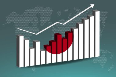 Japonya 3D bar grafiği, iniş ve çıkışlar, yükselen değerler, 3D çubuk grafiğinde Japon ülke bayrağı, yükselen veri okları, haber afişi fikri, gelişmekte olan ülke konsepti