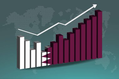 Katar 3D bar tablosu grafiği, iniş çıkışlar, yükselen değerler, yükselen veri üzerindeki Katar bayrağı, yükselen ok, haber afişi fikri, gelişmekte olan ülke konsepti