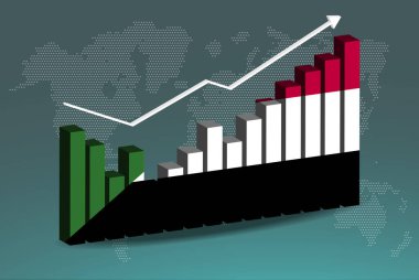 İnişli çıkışlı Sudan 3D bar grafiği, yükselen değerler, yükselen veri üzerindeki Sudan bayrağı, yükselen haber afişi fikri, gelişmekte olan ülke konsepti