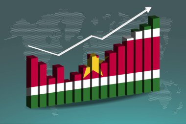 Surinam 3D bar grafiği iniş çıkışlar, yükselen değerler, 3D çubuk grafiğinde Surinam ülke bayrağı, yükselen veri okları, haber afişi fikri, gelişmekte olan ülke konsepti