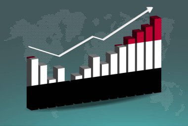 Yemen 3D bar grafiği, iniş ve çıkışlar, yükselen değerler, 3D çubuk grafiğinde Yemen bayrağı, yükselen veri okları, haber afişi fikri, gelişmekte olan ülke konsepti