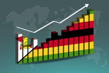 Zimbabwe 3D bar tablosu grafiği iniş çıkışlar, yükselen değerler, yükselen veri üzerindeki Zimbabwe bayrağı, yükselen ok, haber afişi fikri, gelişmekte olan ülke konsepti