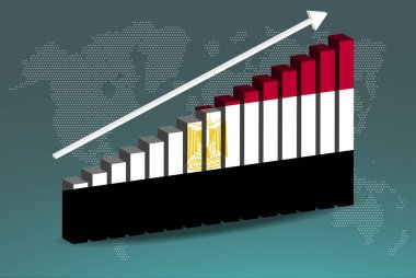 Mısır 3D bar grafik vektörü, yukarı doğru yükselen veri okları, ülke istatistik konsepti, Mısır ülke bayrağı 3D bar grafiği, artan değerler, haber afişi fikri