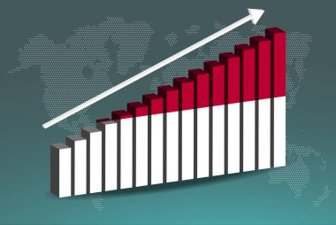 Endonezya 3D bar grafik vektörü, veri üzerinde yükselen ok, ülke istatistik konsepti, 3D çubuk grafiğinde Endonezya bayrağı, yükselen değerler, haber afişi fikri