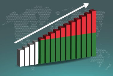 Madagaskar 3D bar grafik vektörü, yukarı doğru yükselen veri okları, ülke istatistik konsepti, Madagaskar ülke bayrağı 3D çubuk grafiğinde, artan değerler, haber afişi fikri