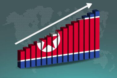 Kuzey Kore 3D bar grafik vektörü, yükselen veri okları, ülke istatistik kavramı, 3D çubuk grafiğinde Kuzey Kore bayrağı, yükselen değerler, haber afişi fikri