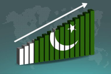 Pakistan 3D bar grafik vektörü, yükselen veri okları, ülke istatistik konsepti, Pakistan ülke bayrağı 3D bar grafiği, artan değerler, haber afişi fikri