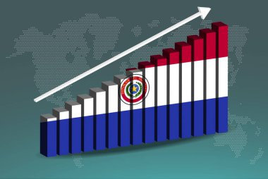 Paraguay 3D bar grafik vektörü, yükselen veri üzerindeki ok, ülke istatistik konsepti, 3D çubuk grafiğinde Paraguay bayrağı, yükselen değerler, haber afişi fikri