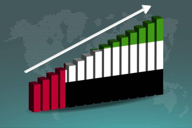 UAE 3D bar grafik vektörü, yükselen veri üzerindeki ok, ülke istatistik konsepti, 3D çubuk grafiğinde BAE ülke bayrağı, yükselen değerler, haber afişi fikri